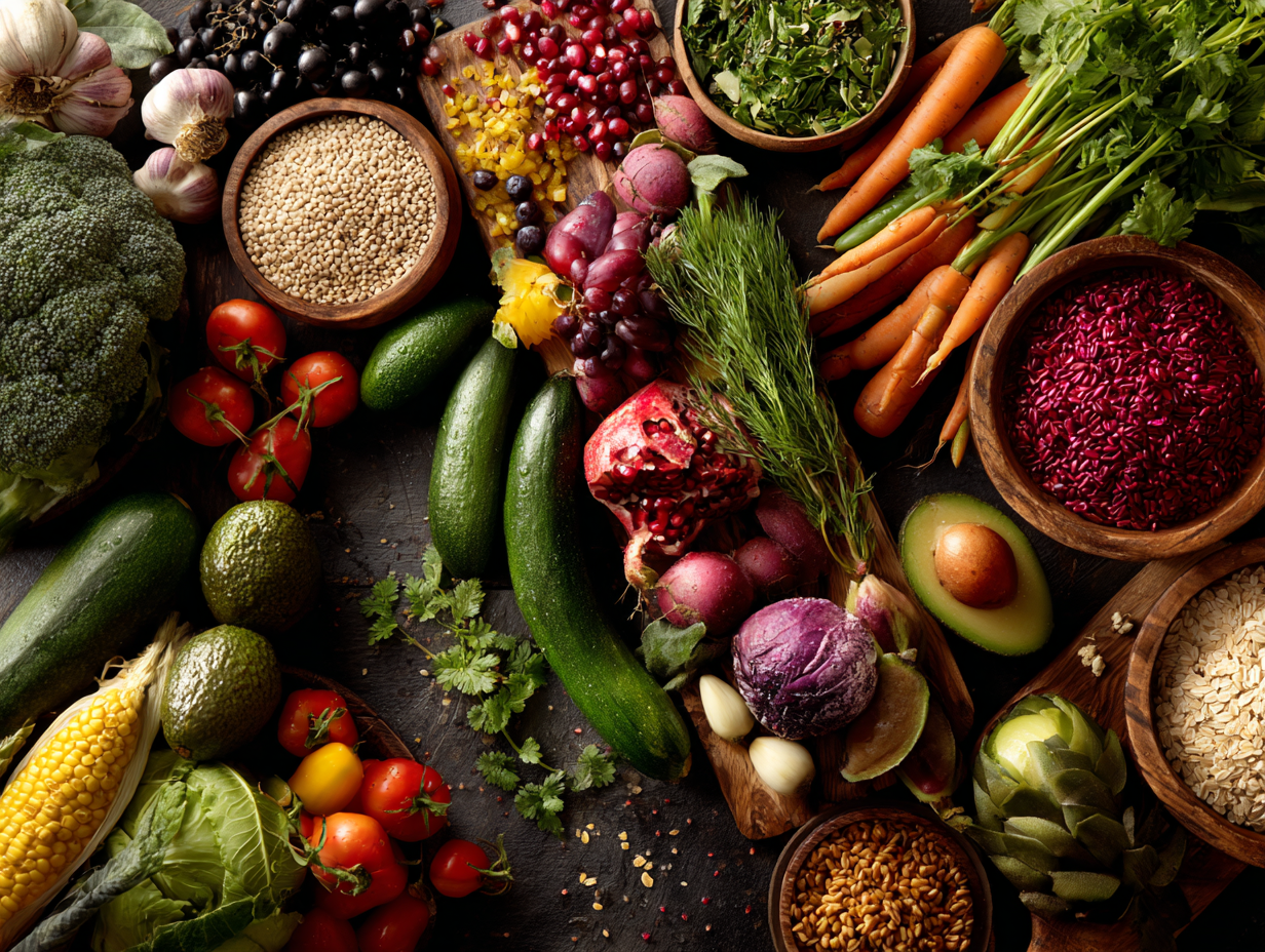 Šťastná rodina u stolu s zdravým jídlem